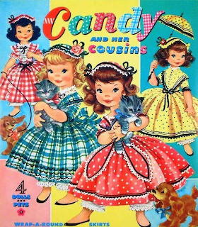 Four illustrated girls in vintage 1950s style dresses, paper doll cutout design with colorful gingham and polka dot patterns
