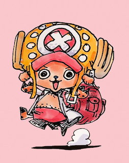 Tony Tony Chopper anime character from One Piece with pink hat and reindeer antlers on pink background