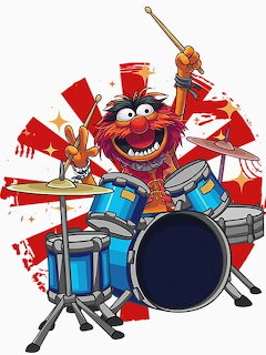 Cartoon illustration of Animal from The Muppets playing a blue drum kit with drumsticks