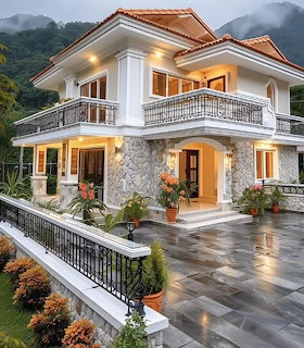 Illuminated white villa with orange roof and stone details nestled in mountains at twilight