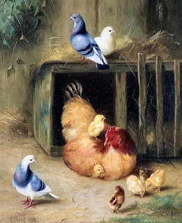 Oil painting of pigeons, chicks and a hen gathered around a wooden crate in a farmyard setting