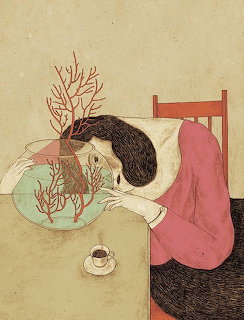 Illustration of a girl leaning over a table gazing into a fishbowl with coral and a fish