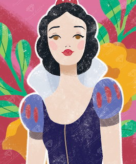 Illustrated Snow White portrait with black hair, red bow, and colorful flowers