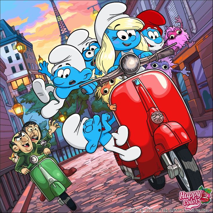 Cartoon Smurfs riding red and green scooters on a cobblestone street near the Eiffel Tower