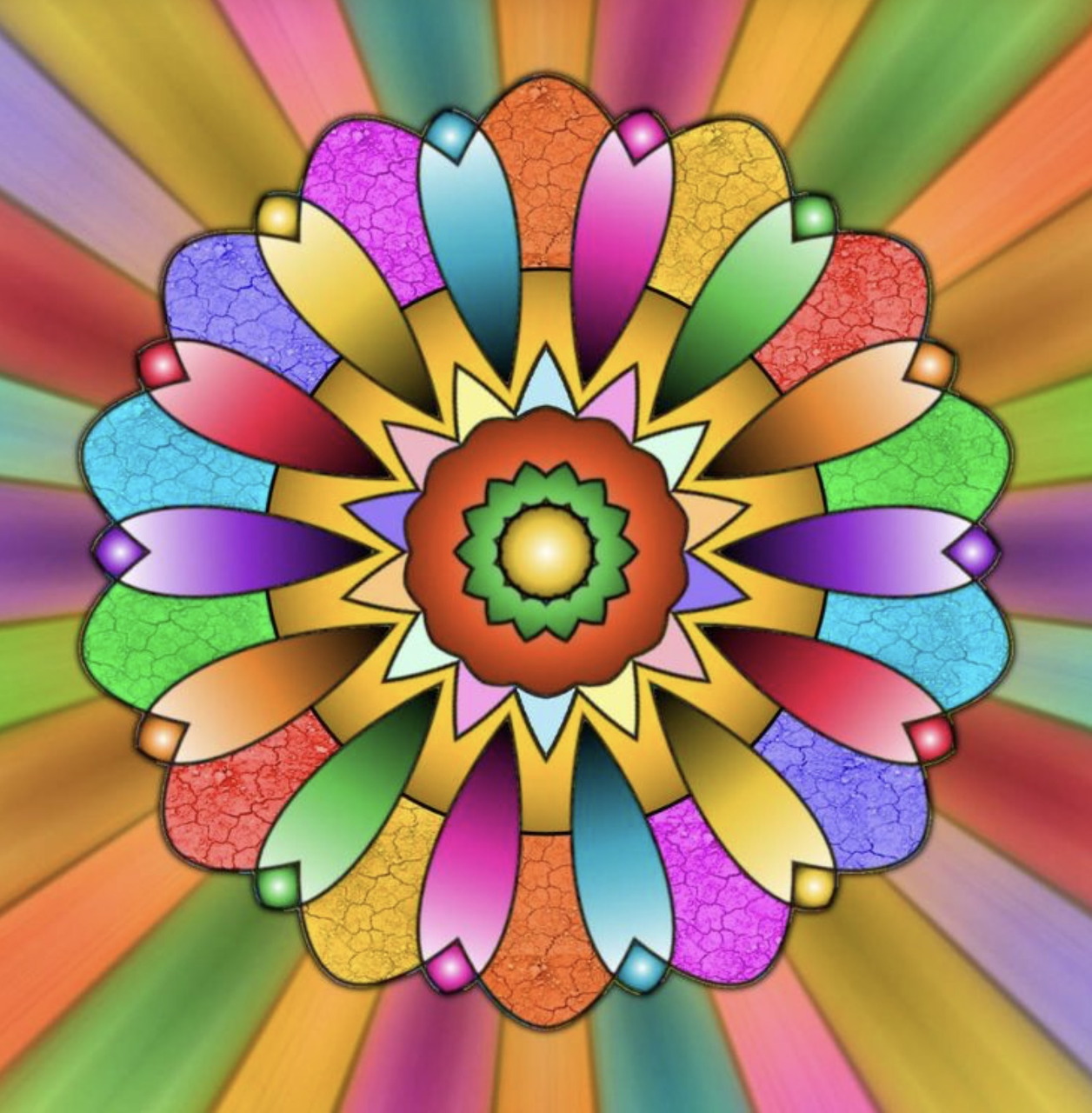 Colorful stained-glass style mandala with rainbow petals and a glowing radial background