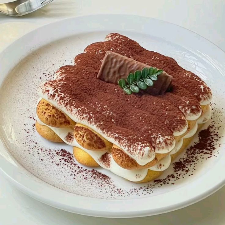 Tiramisu dessert with cocoa powder, cream layers, and chocolate decoration on white plate