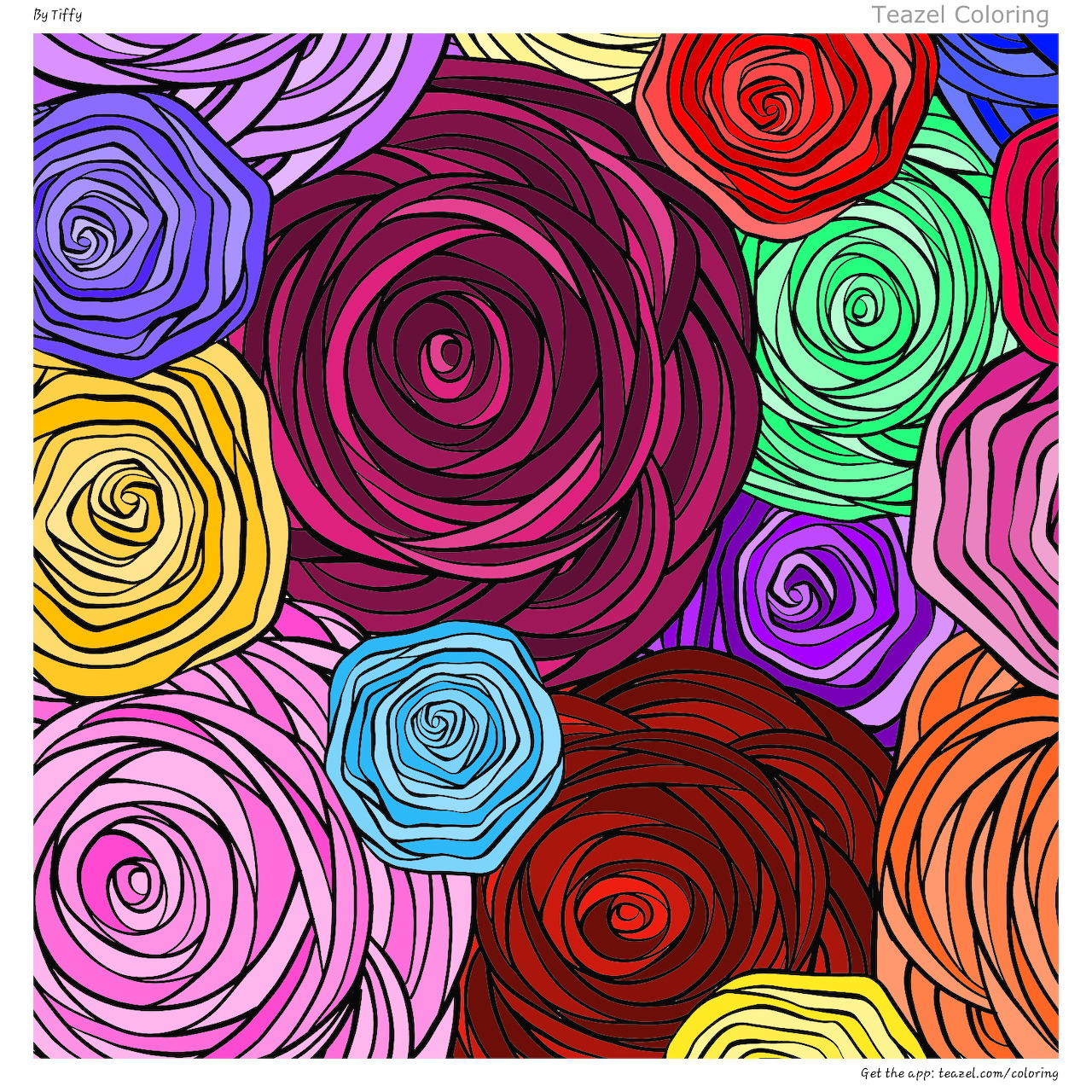 Colorful illustration of spiral roses in red, purple, pink, yellow, green, and blue arranged in a decorative pattern