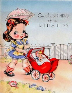 Vintage birthday card with girl in yellow dress pushing red toy stroller