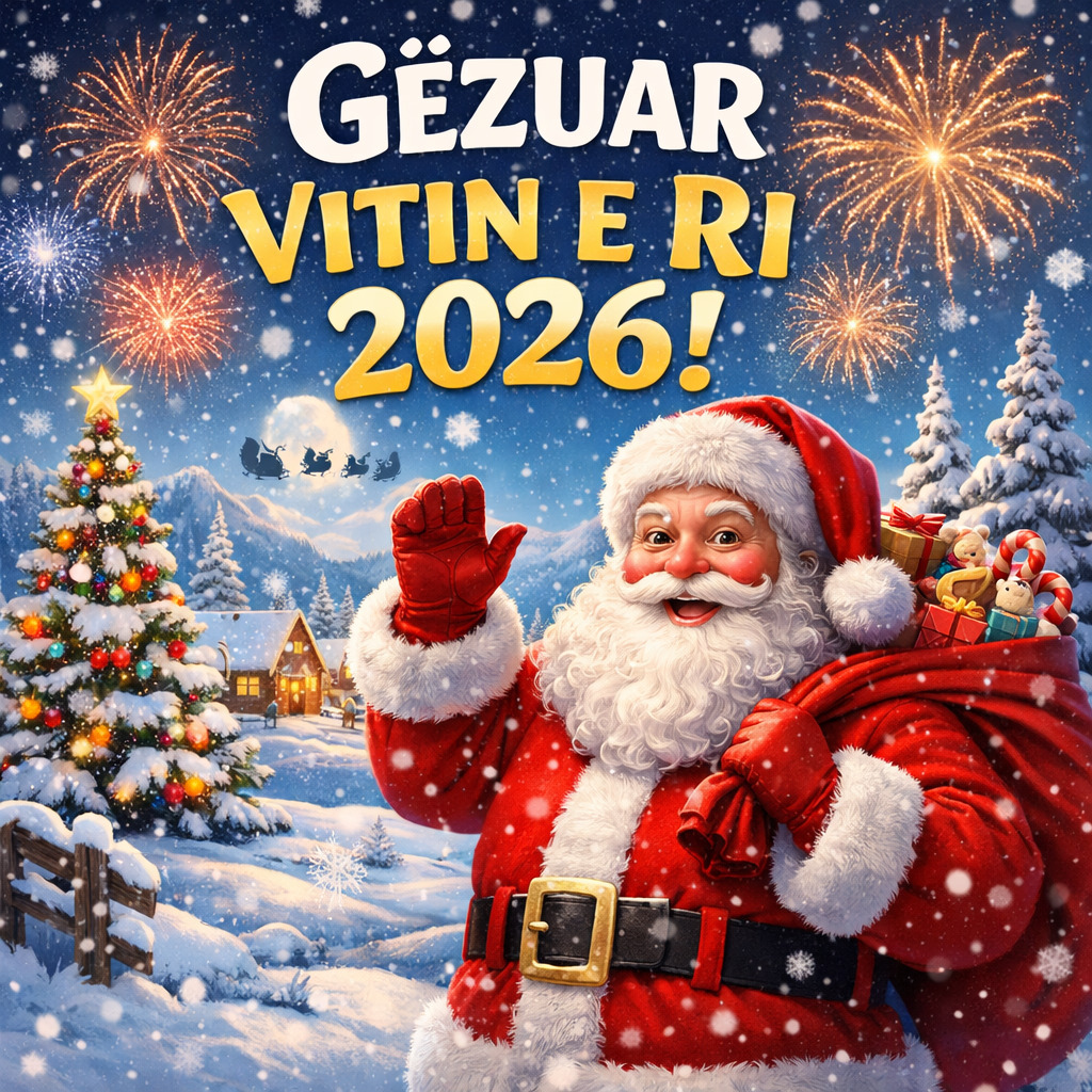 Illustration of Santa Claus waving in a snowy village with a Christmas tree, gifts, and fireworks