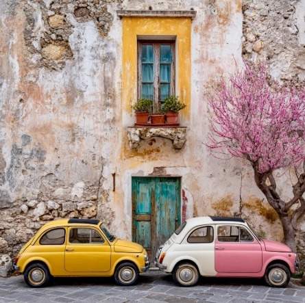 Yellow and pink vintage cars beside old building with turquoise door and flowering pink tree