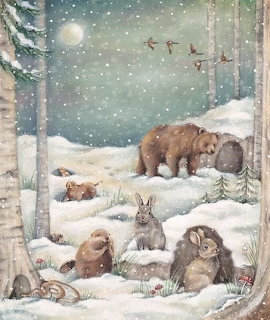 Watercolor winter scene with rabbits, bears, owls and other animals in snowy forest under falling snow