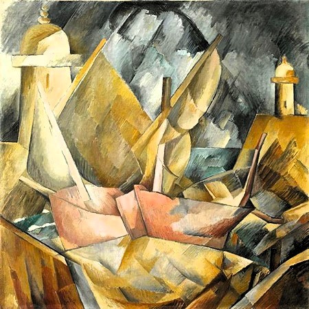 Cubist painting of a small Normandy port with boats and lighthouse by Georges Braque, 1909.