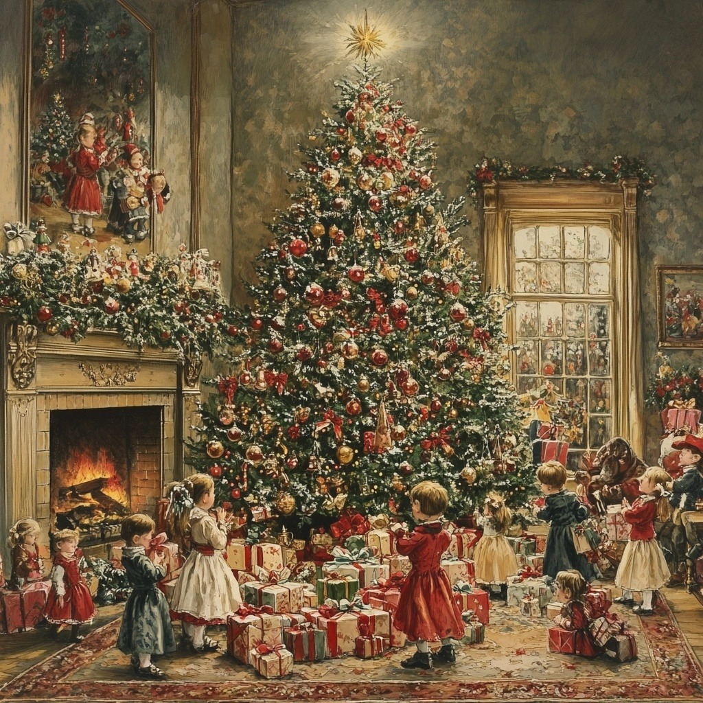 Victorian children around decorated Christmas tree with gifts in ornate parlor with fireplace