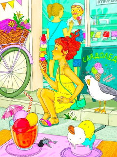 Illustrated summer scene with ice cream vendor cart, bicycle, people, and ducks enjoying treats on a sunny day