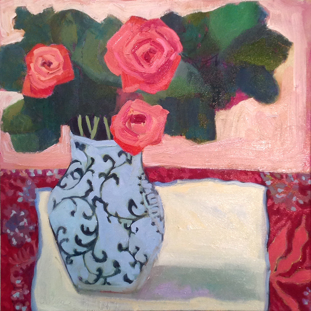 Still life painting of pink roses in blue vase on white cloth