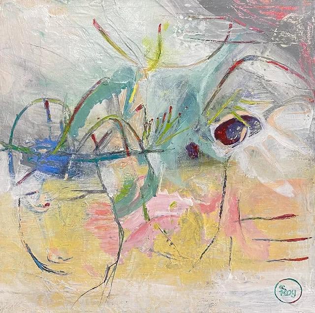 Abstract painting of a stylized face with curved lines and pastel colors
