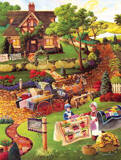 Illustration of a country cottage scene with women displaying quilts near a wooden cart and colorful gardens