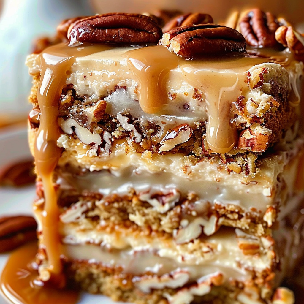 Close-up of a layered pecan cake slice with caramel dripping over the top
