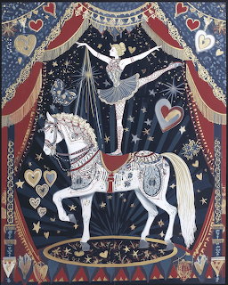 Illustration of a circus performer balancing on a white decorated horse under a tent with stars and hearts