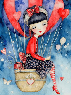 Whimsical illustrated girl in a basket under heart-shaped balloons in a blue sky