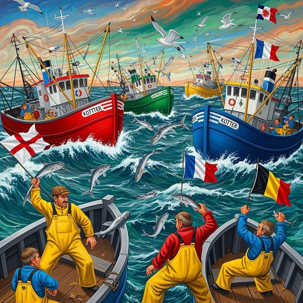 Illustration of fishing boats and fishermen in rough ocean waves with flags and seabirds