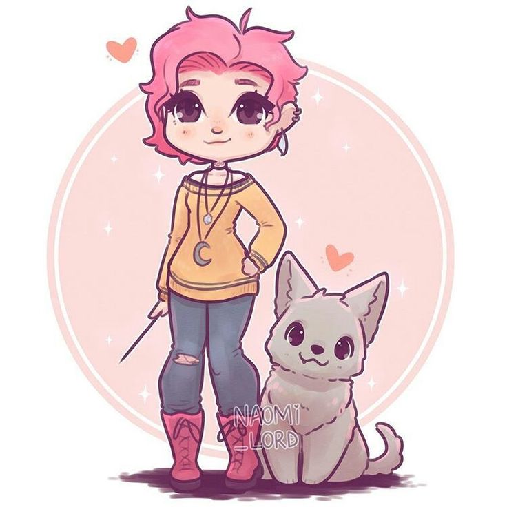Anime-style pink-haired character standing with a gray cat on a pastel circle background