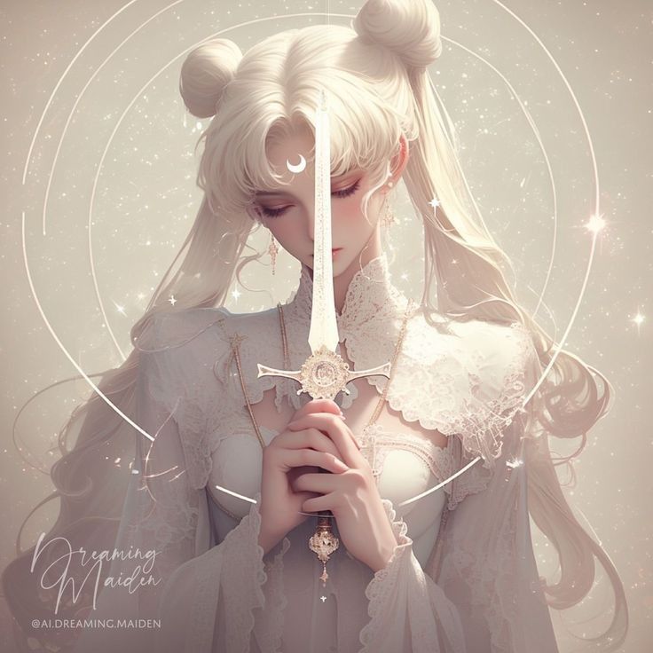 Anime portrait of Princess Serenity with long pale hair, white dress, and a glowing sword