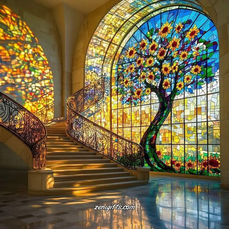 Elegant staircase with large colorful stained glass window showing decorative tree pattern