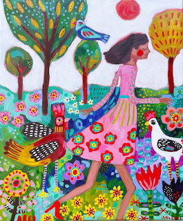 Folk Art Woman with Colorful Chickens