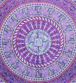 Detailed purple and blue mandala with concentric circles of elephants, peacocks, and ornate geometric patterns