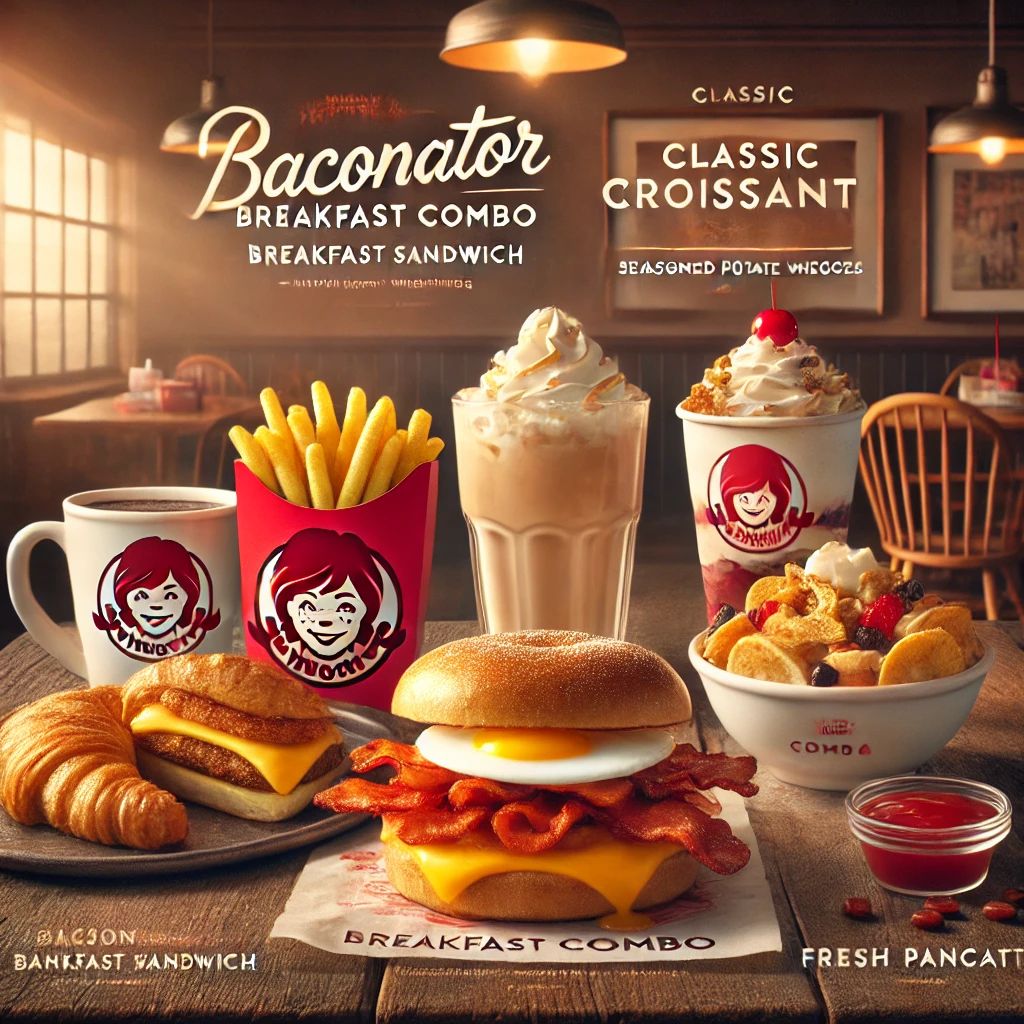 Wendy's breakfast items including croissant sandwich, fries, iced coffee, and pancakes on wooden surface