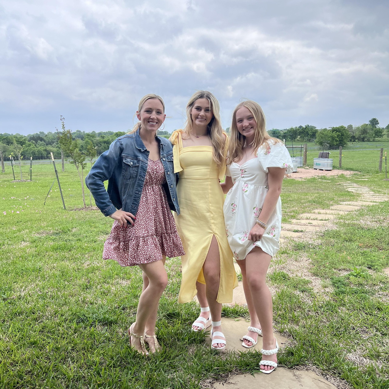 Three women in dresses standing on grass in a rural field under cloudy skies