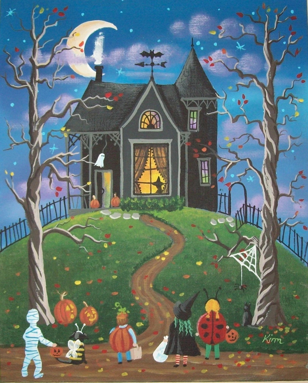 Folk art Halloween scene with haunted house, costumed children, pumpkins, ghosts, and moonlit sky