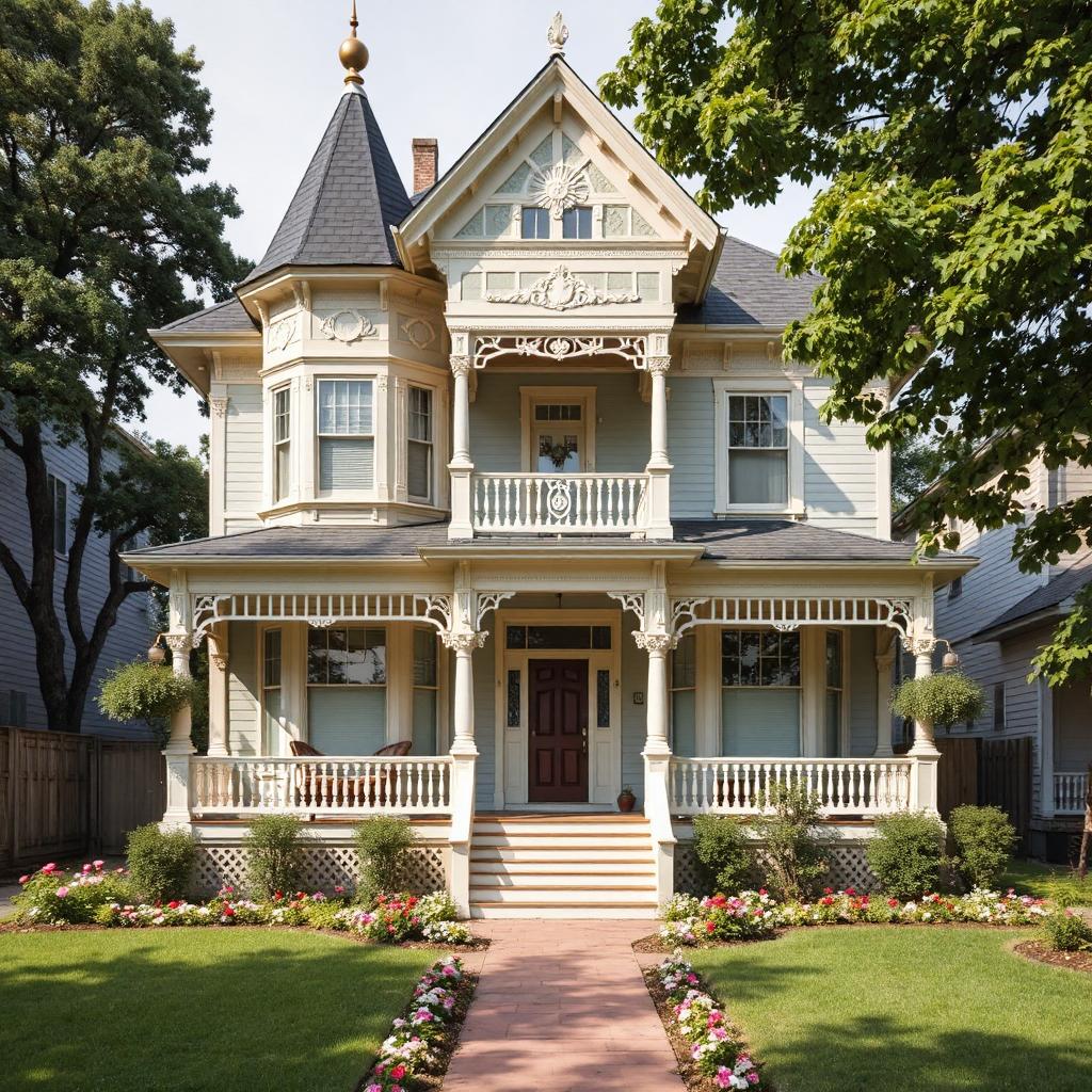White Victorian house with ornate porch and a walkway through the front garden