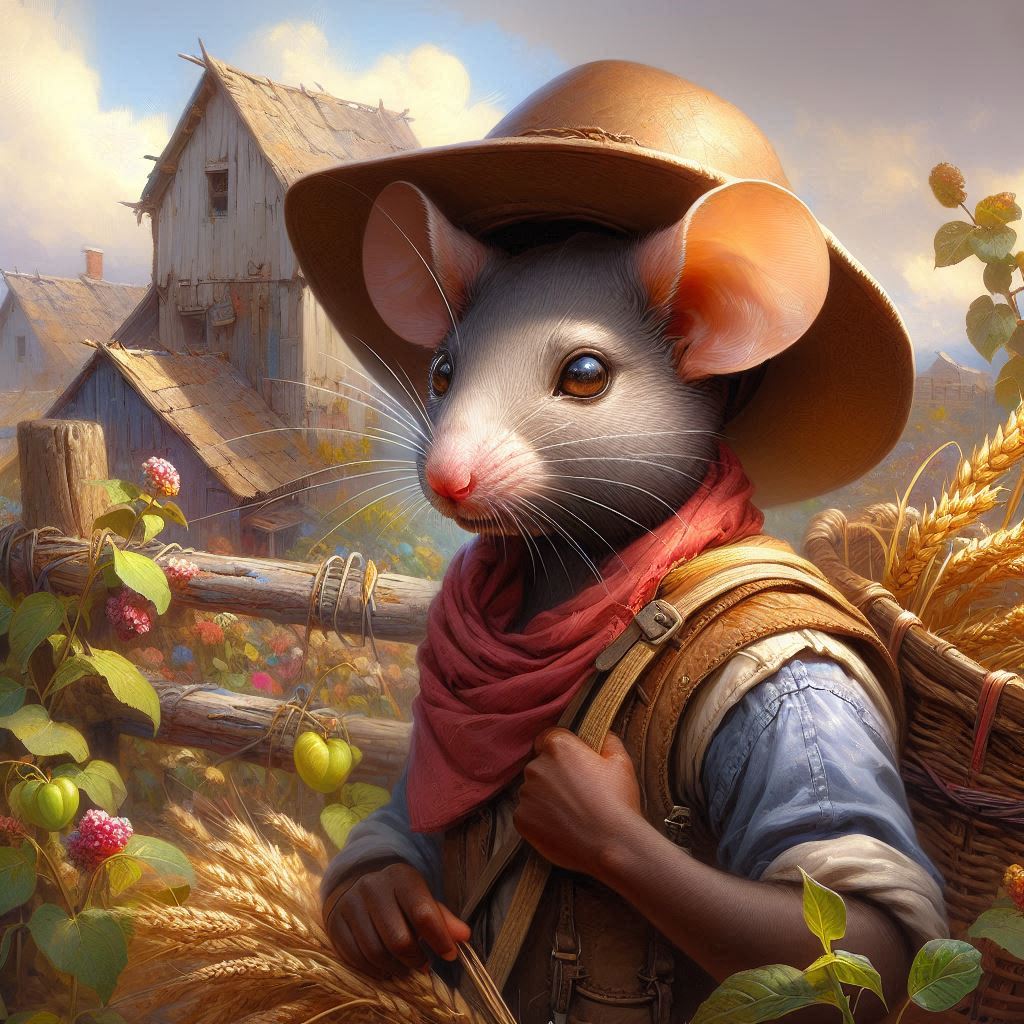 Cartoon mouse in cowboy hat and vest on a farm with barn and wheat fields