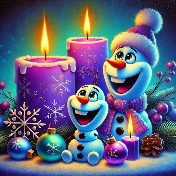 Cartoon snowmen with candle flames, ornaments, pine branches, and snowflakes in a festive winter scene