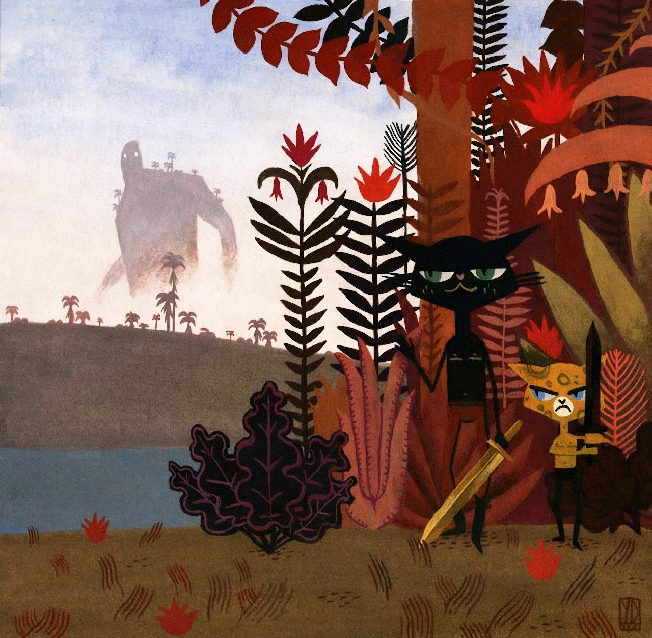Surreal jungle illustration with red plants, a black cat, and a small figure near water