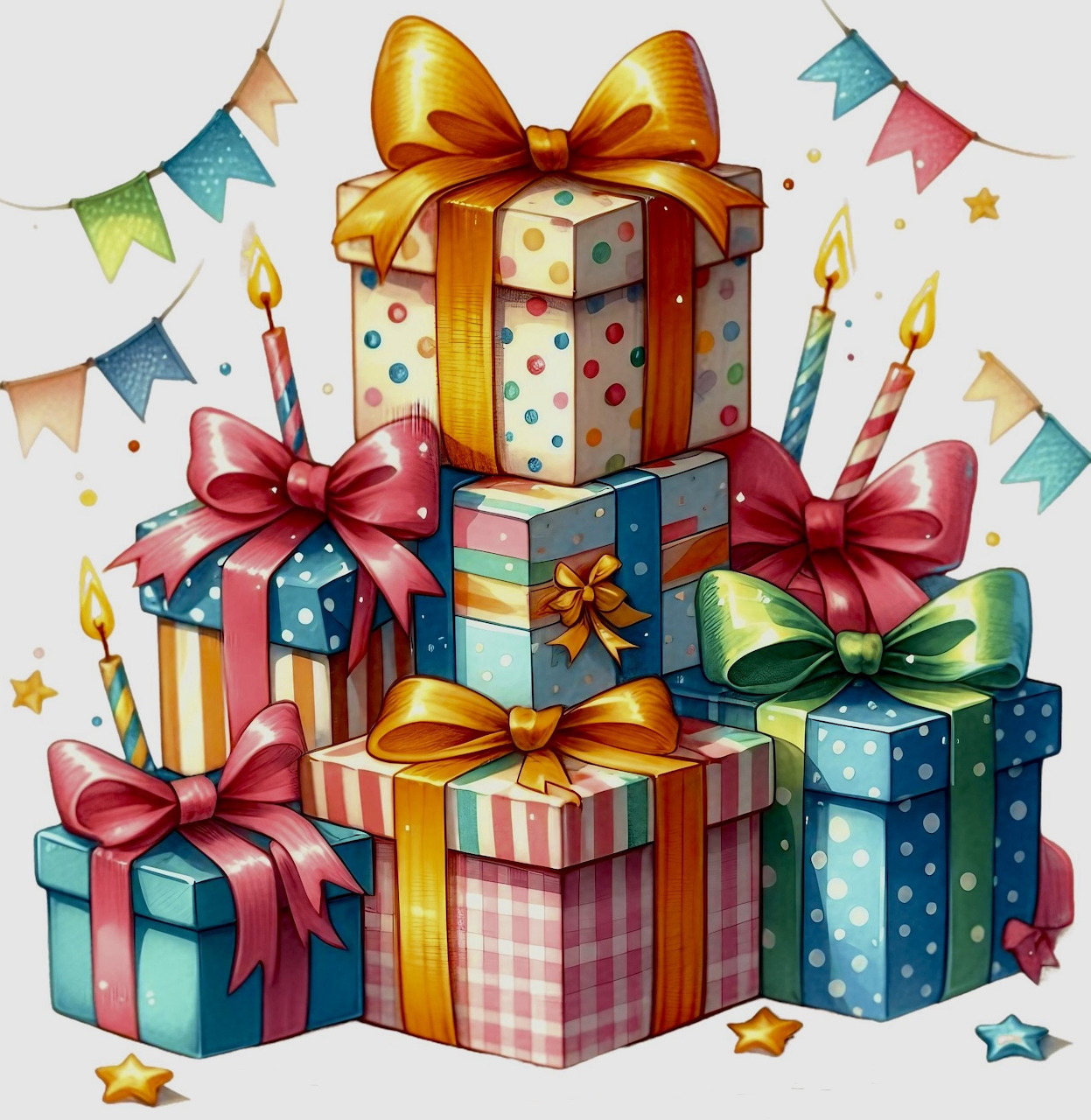 Stack of colorful wrapped presents with ribbons, bows, lit candles and party decorations