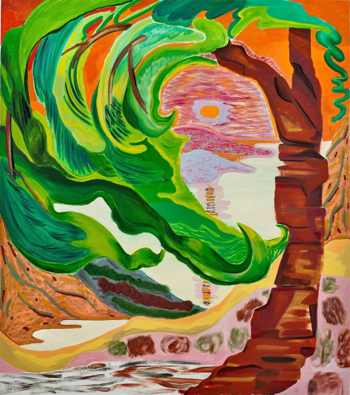 Surreal painting of a face merged with green swirling waves and architectural forms against orange sky