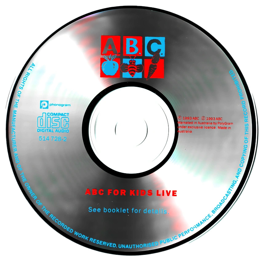 Silver compact disc labeled ABC for Kids Live with colorful letters on the front