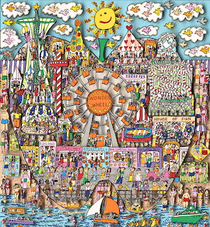 Vibrant illustrated amusement park scene with rides, crowds, and beach boardwalk in James Rizzi's characteristic style