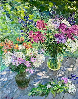 Painting of pink, white, and purple sweet william flowers in glass jars on a wooden table