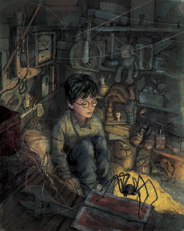 Illustration of boy with glasses sitting in dark clutered cupboard with spiders and cobwebs