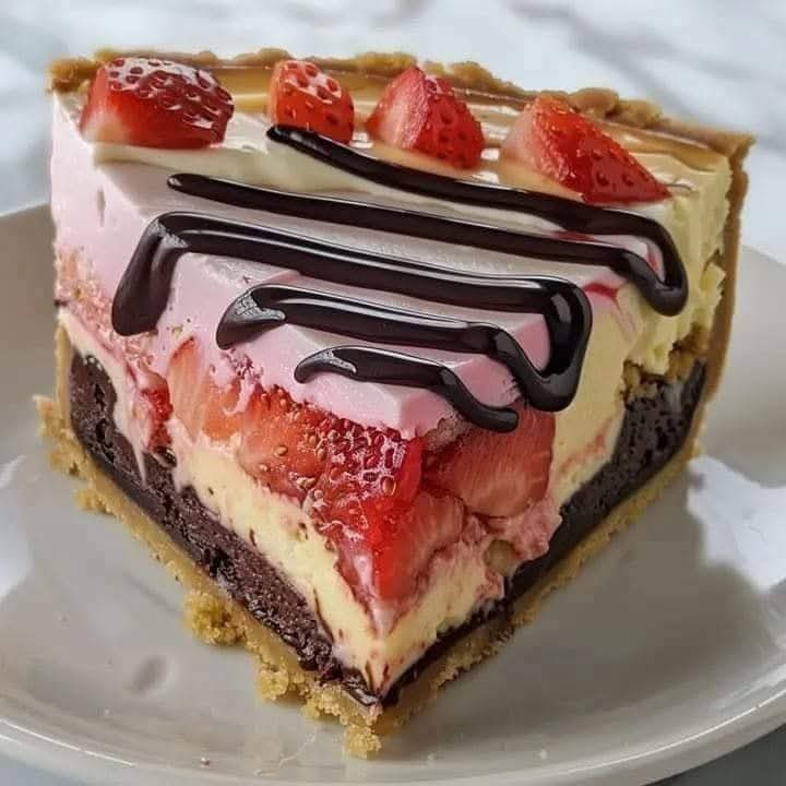 Slice of layered strawberry cake with chocolate drizzle and fresh strawberries on top