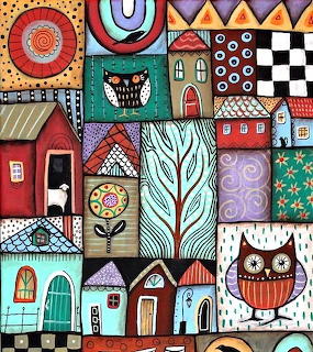 Colorful folk art collage with patchwork houses, owl, butterfly, flowers, and geometric patterns in quilt style