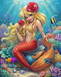 Illustration of a blonde mermaid with red scales holding a rose, surrounded by coral and tropical fish
