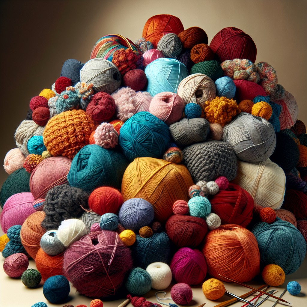 Pile of colorful yarn balls and knitted skeins on a plain background