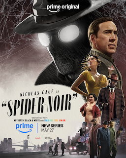 Spider-Noir promotional poster with masked hero, Nicolas Cage, supporting characters, and city skyline