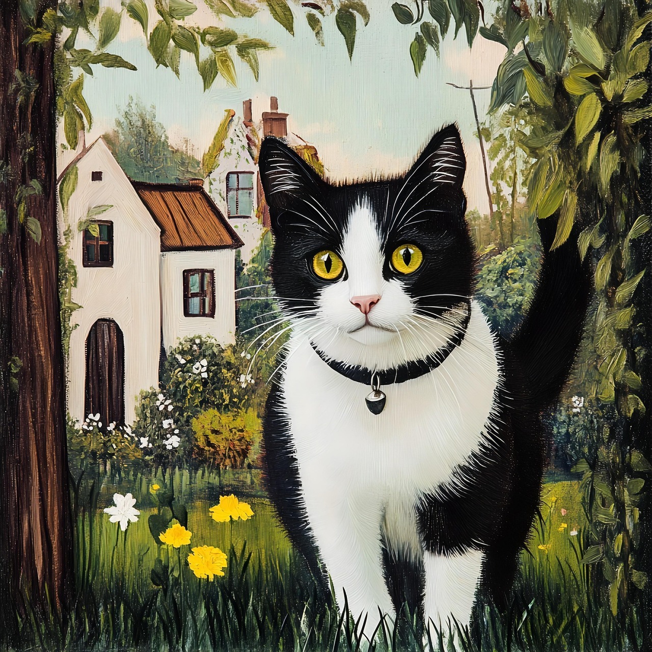 Black and white cat with yellow eyes in a garden with cottage and yellow flowers