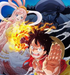 One Piece anime characters Luffy, Shirahoshi, and Kaido in a dynamic action scene with fire effects